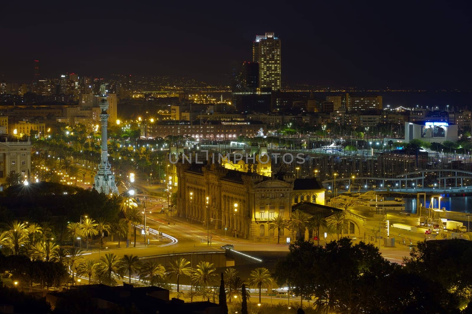 Night panorama of the city of Barcelona Spain, From the mountain of Montjiuc.