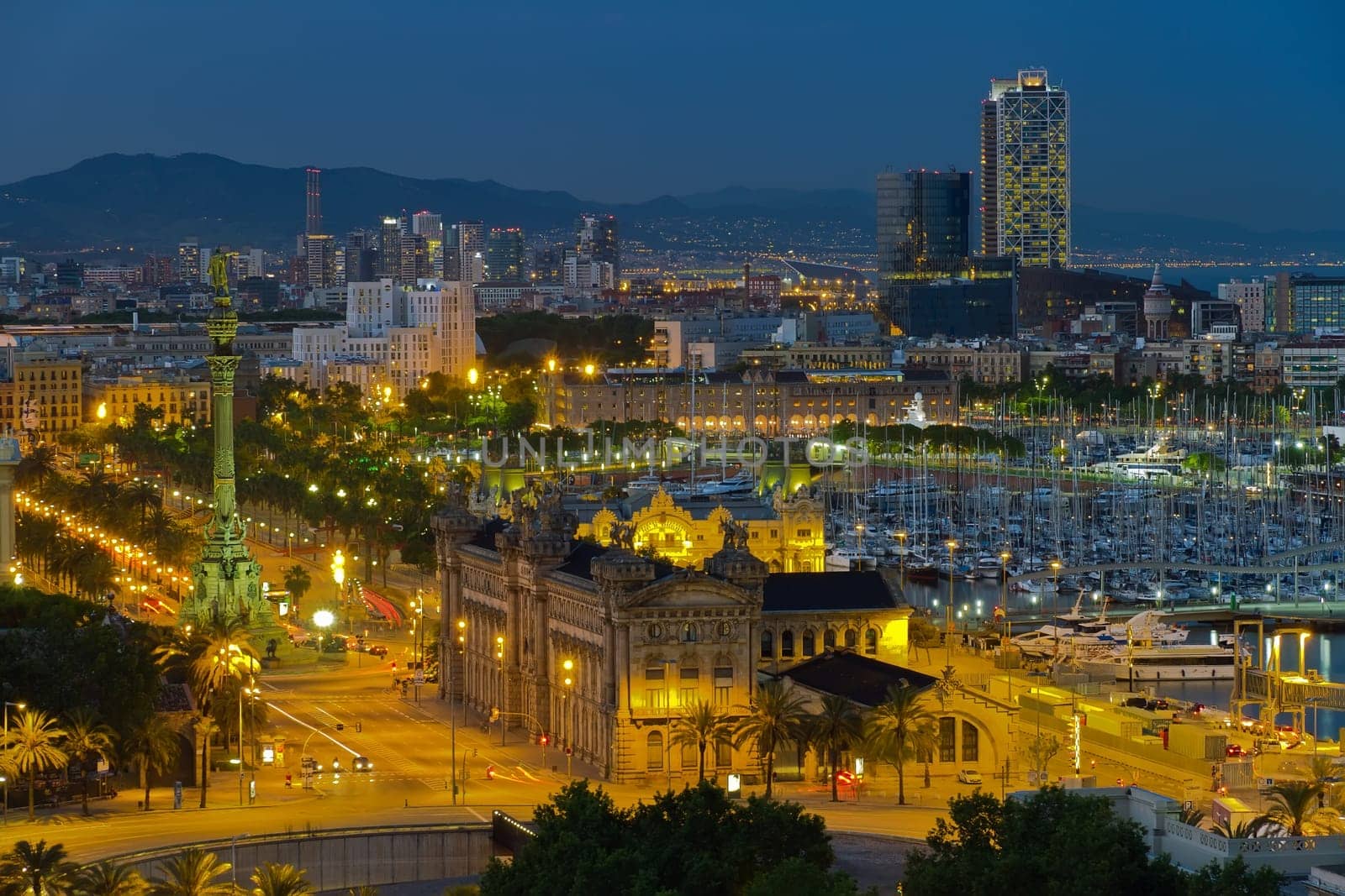 panorama of the city of Barcelona Spain, From the mountain of Montjiuc. Blue Hour