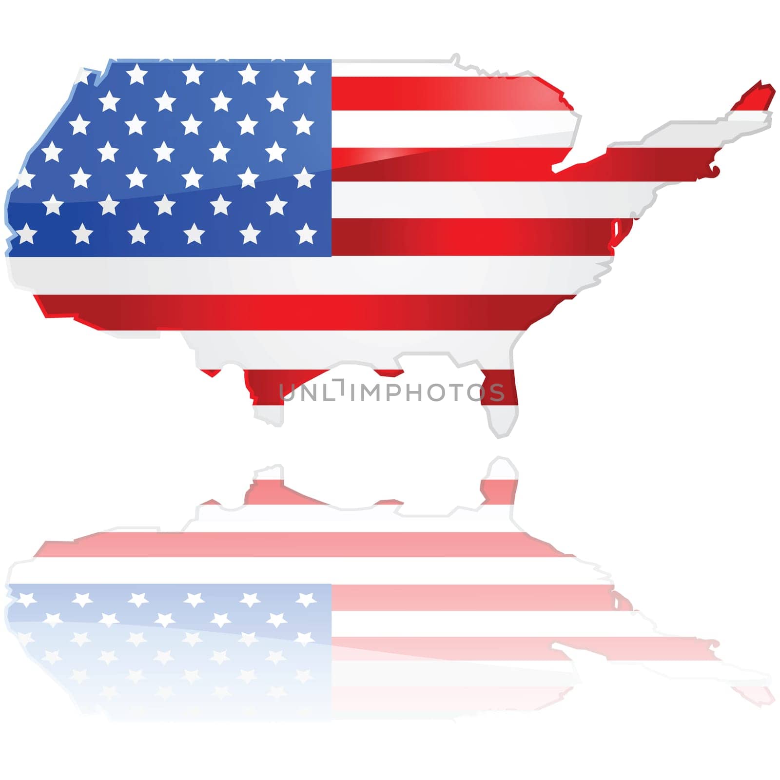 Glossy illustration showing a flag of the United States over the country&#039 s map