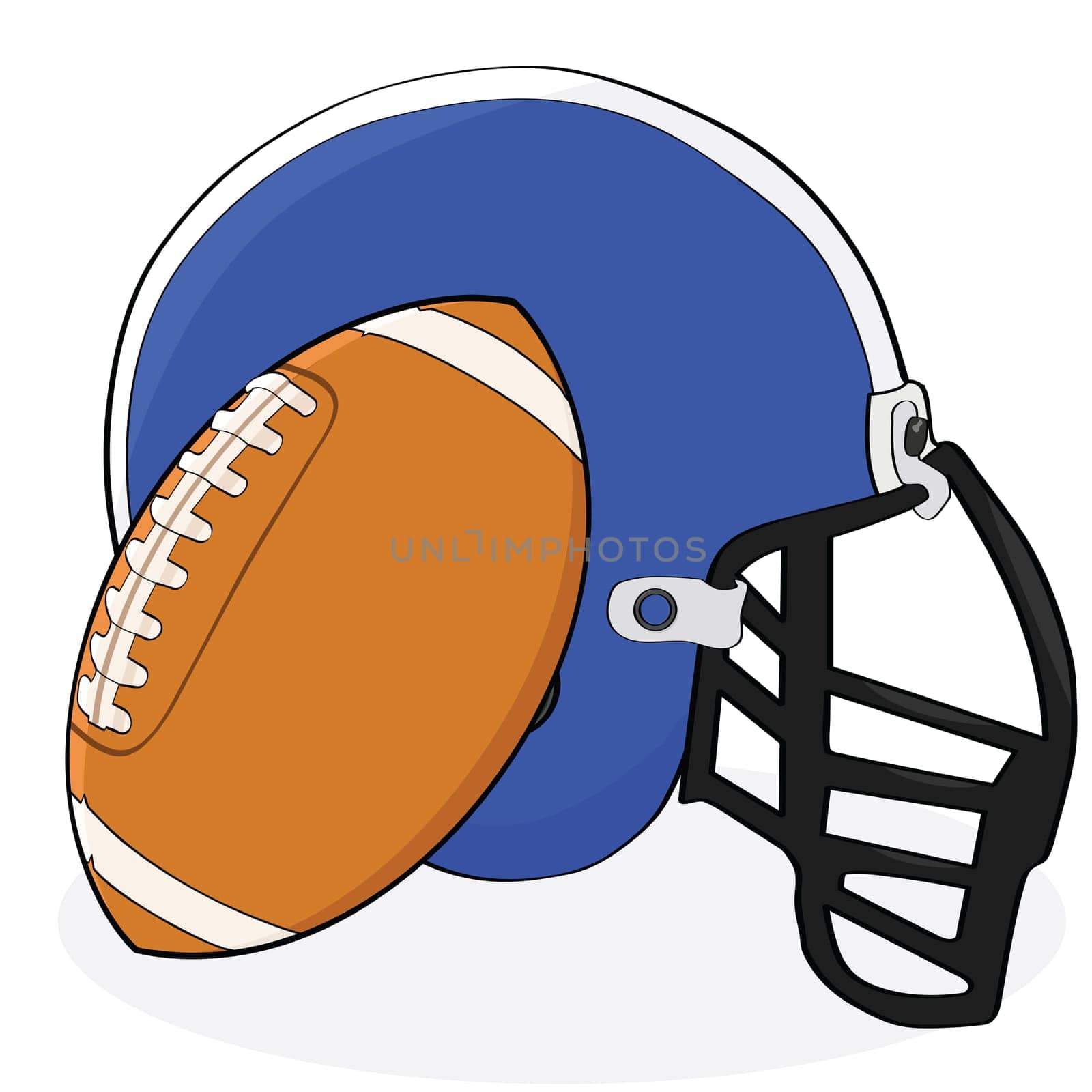 Cartoon illustration showing an American football and a helmet