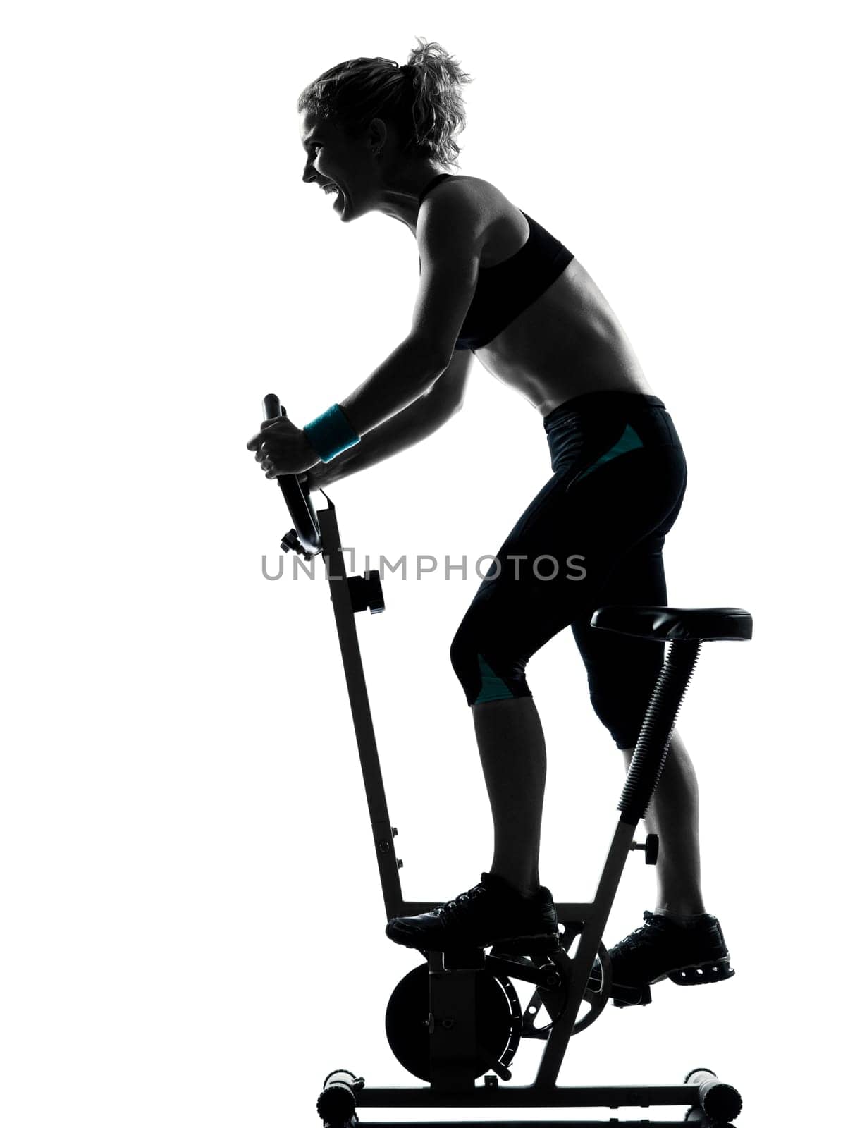 one woman biking exercising workout fitness aerobic exercise posture on studio isolated white background