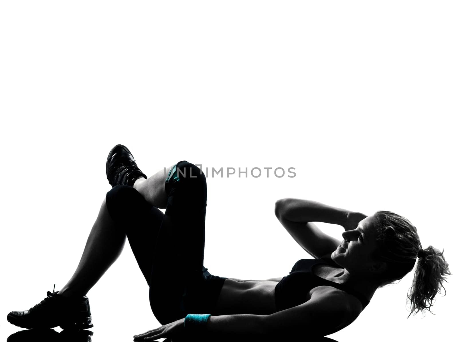 one woman exercising workout fitness aerobic exercise abdominals push ups posture on studio isolated white background