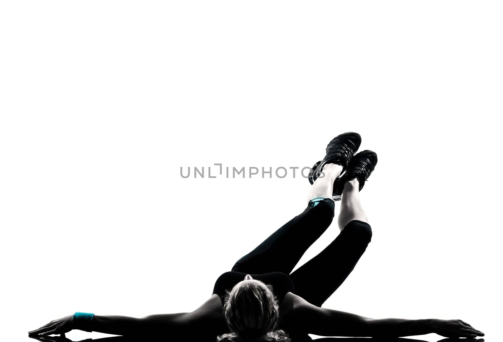 one woman exercising workout fitness aerobic exercise abdominals push ups posture on studio isolated white background