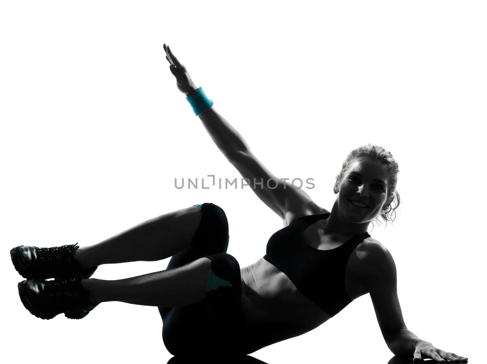 one woman exercising workout fitness aerobic exercise abdominals push ups posture on studio isolated white background