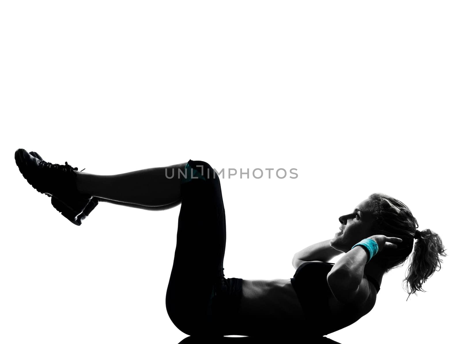 one woman exercising workout fitness aerobic exercise abdominals push ups posture on studio isolated white background
