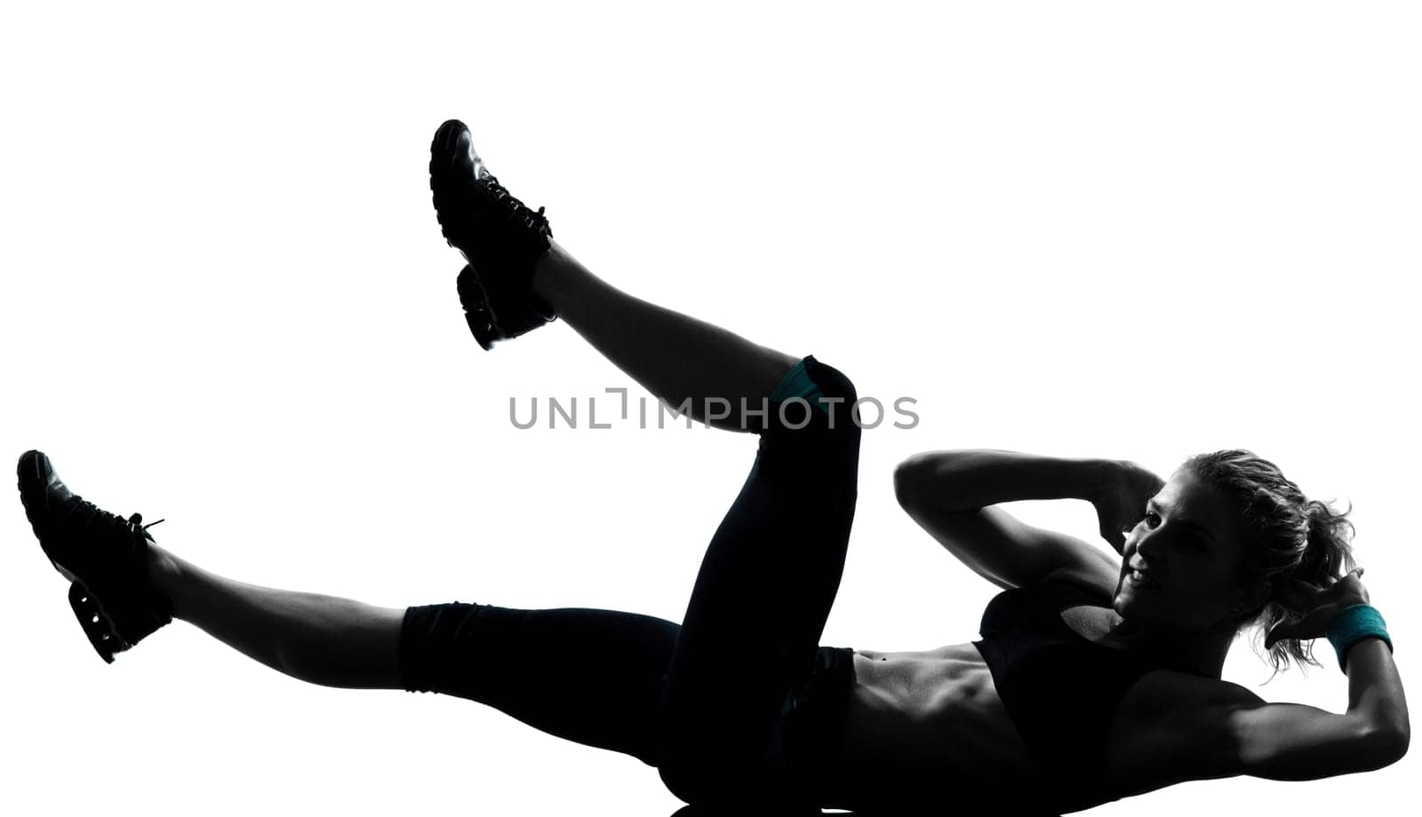 one woman exercising workout fitness aerobic exercise abdominals push ups posture on studio isolated white background