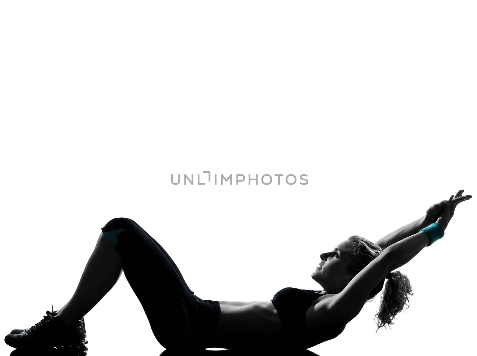 one woman exercising workout fitness aerobic exercise abdominals push ups posture on studio isolated white background