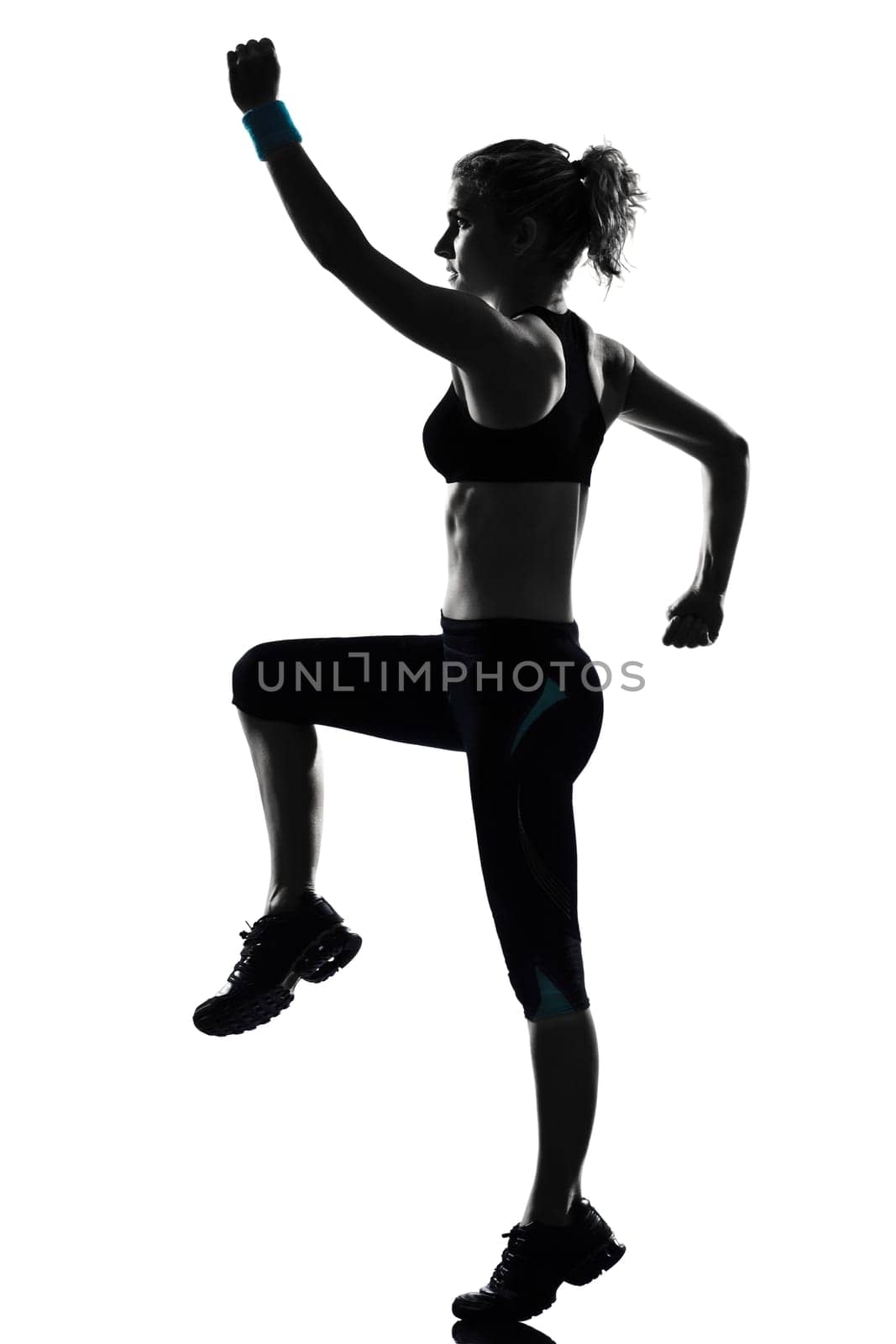 one woman exercising workout fitness aerobic exercise posture on studio isolated white background