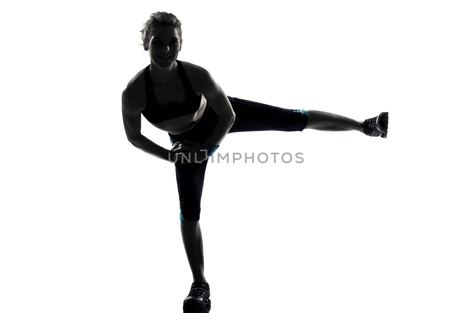 one woman exercising workout fitness aerobic exercise posture on studio isolated white background