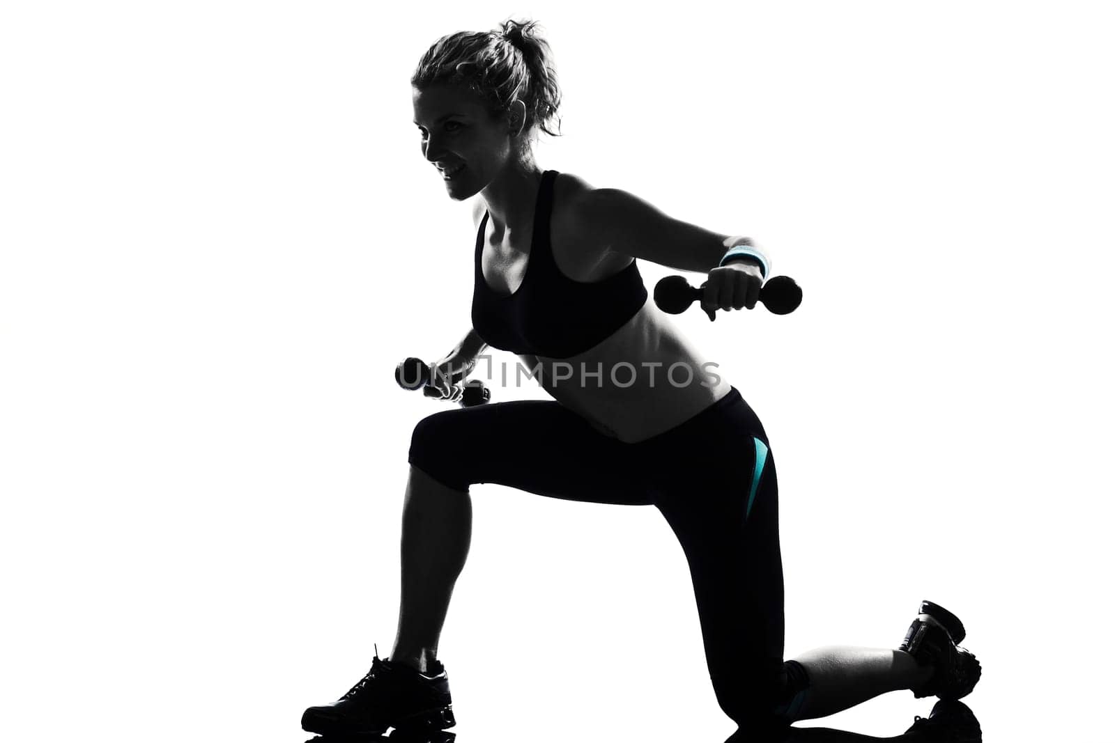 woman workout fitness posture body building weight training exercise exercising on studio isolated white background