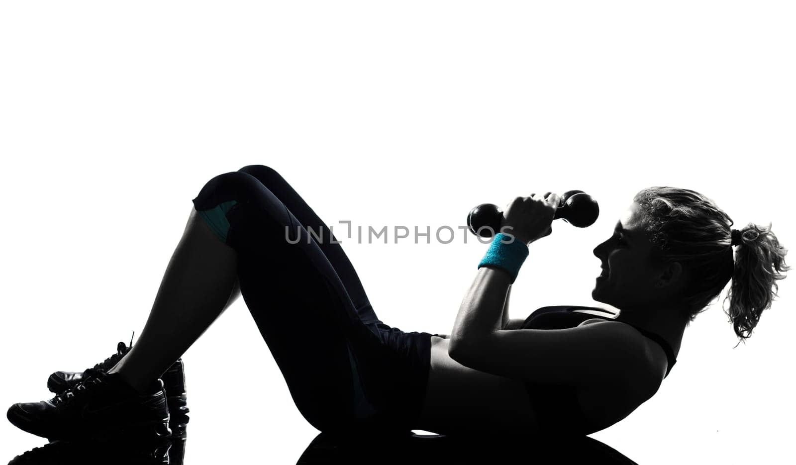 woman workout fitness posture body building weight training exercise exercising on studio isolated white background