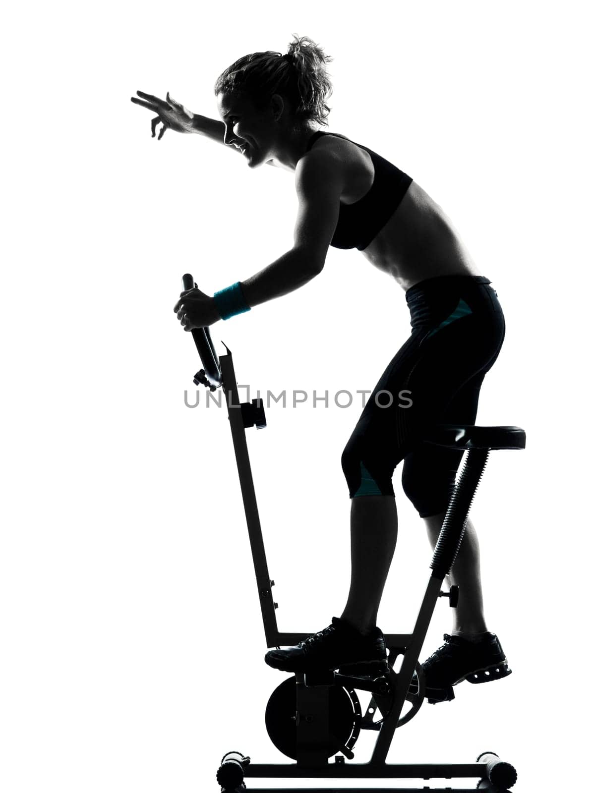 one woman biking exercising workout fitness aerobic exercise posture on studio isolated white background