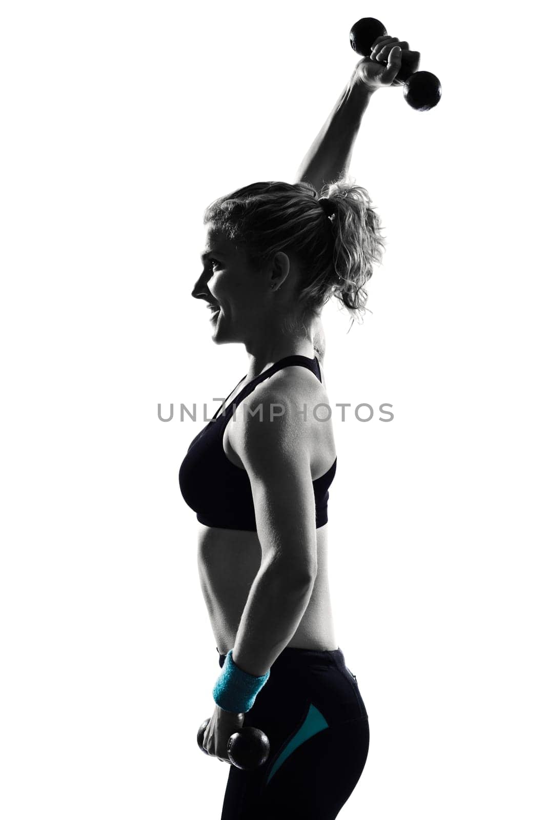 woman workout fitness posture body building weight training exercise exercising on studio isolated white background