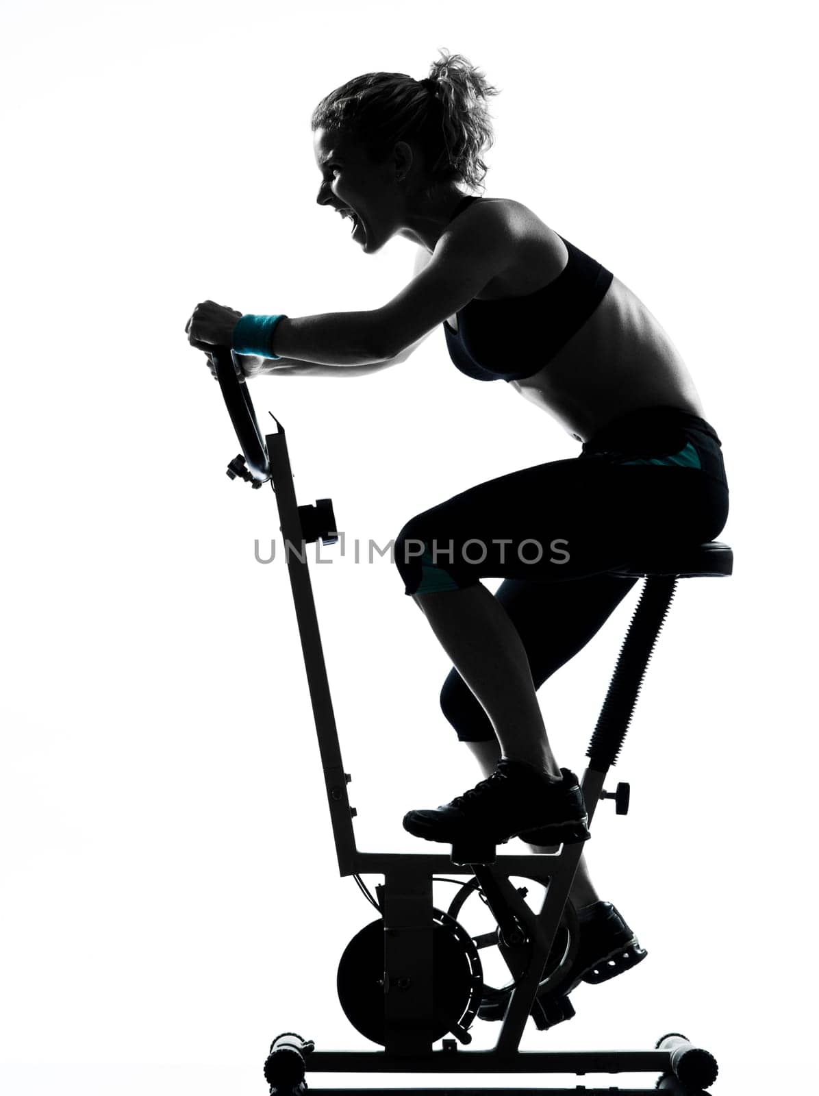 one woman biking exercising workout fitness aerobic exercise posture on studio isolated white background