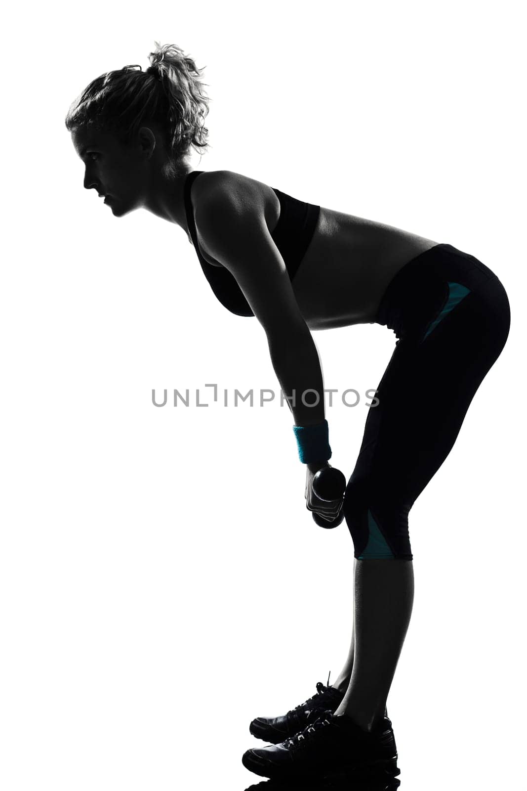 woman workout fitness posture body building weight training exercise exercising on studio isolated white background