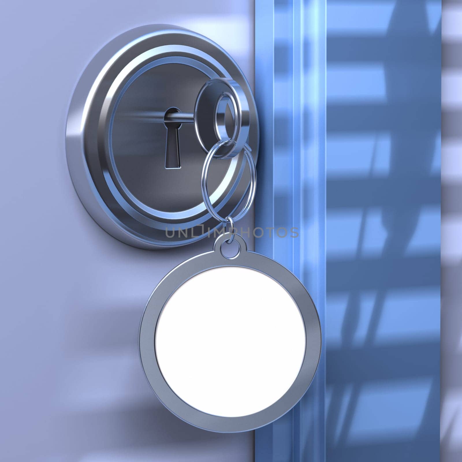 entry of an house, hotel, office or appartement with a lock and a keyring with empty space for a message