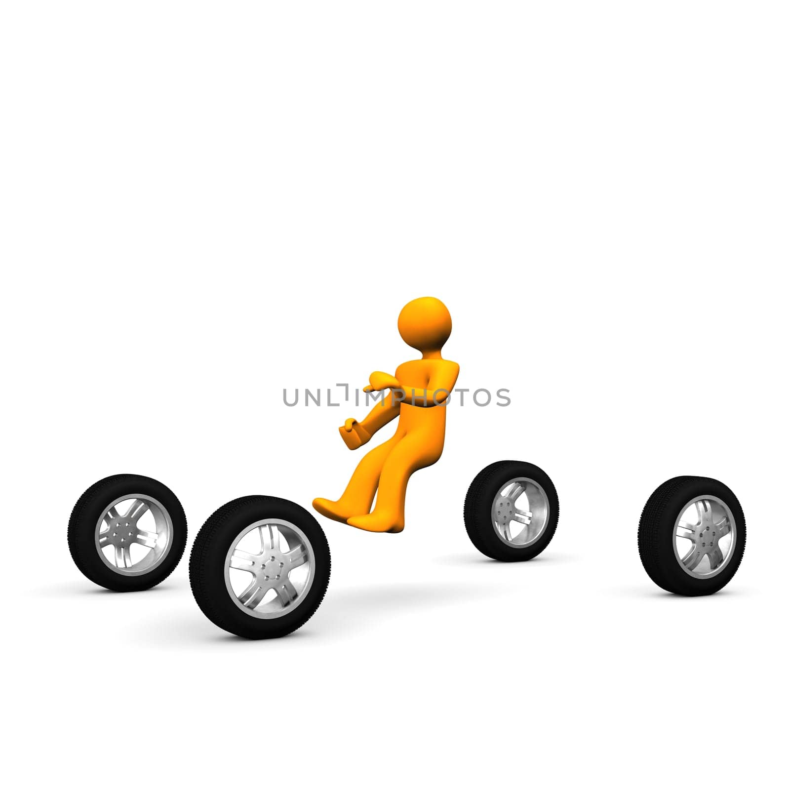 Orange cartoon driving an abstract car.