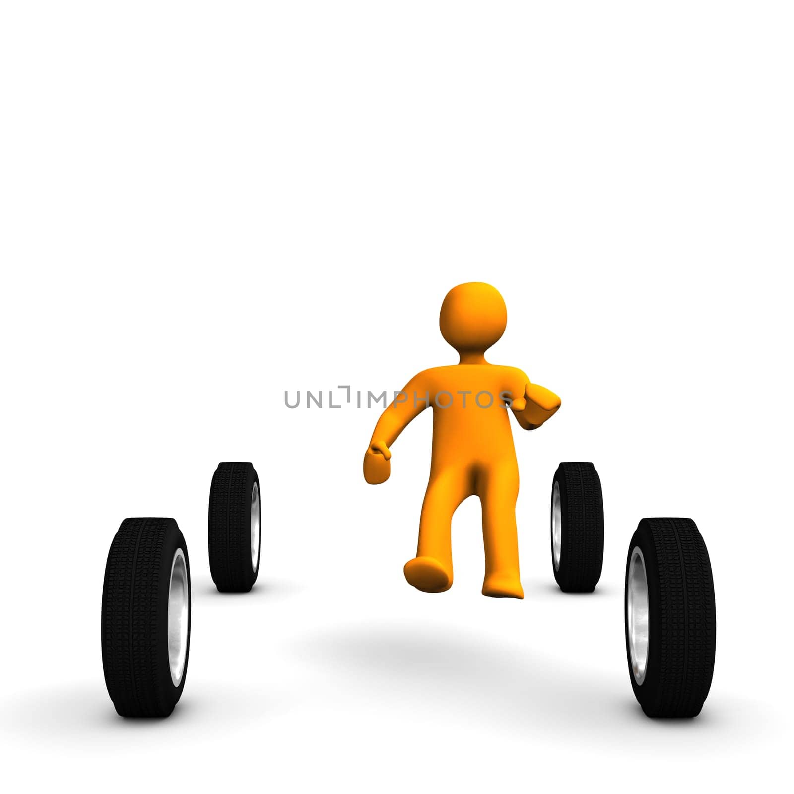 Orange cartoon driving an abstract car.