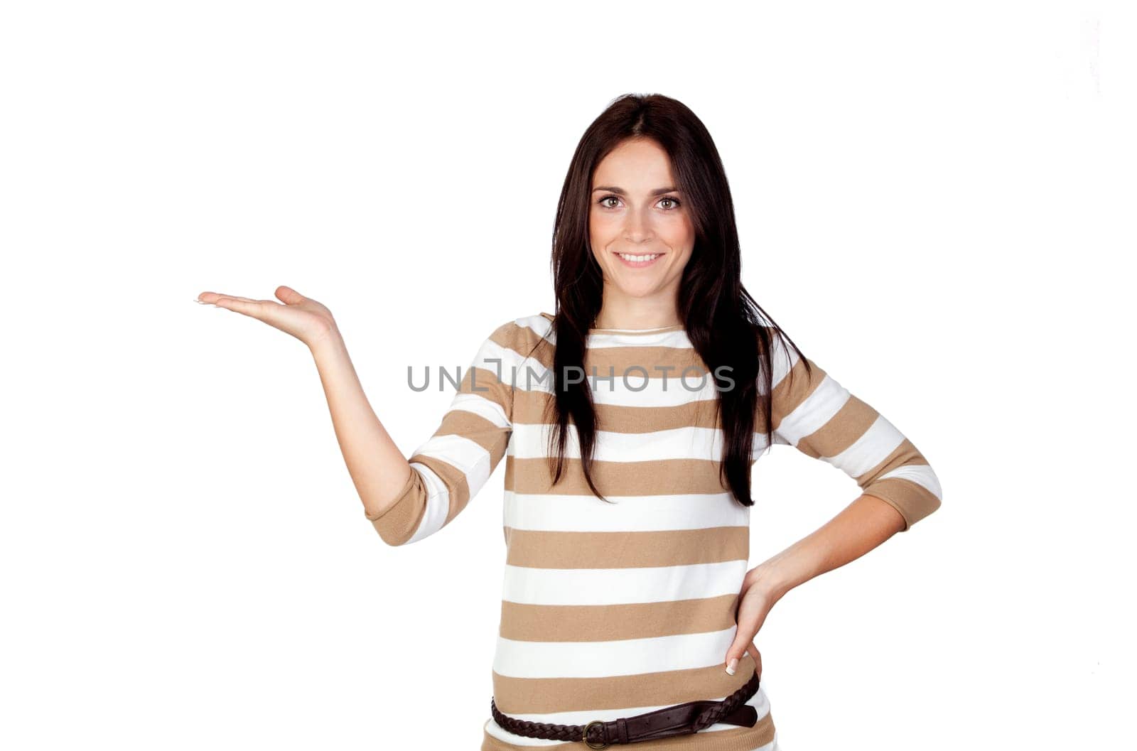 Beautiful brunette girl with the palm of the hand outstretched isolated on a over white background