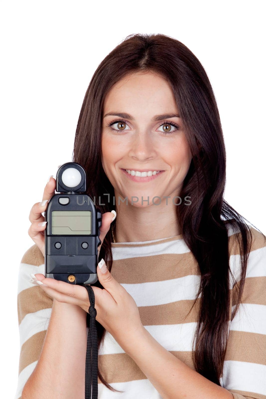 Beautiful brunette girl with a photometer isolated on a over white background