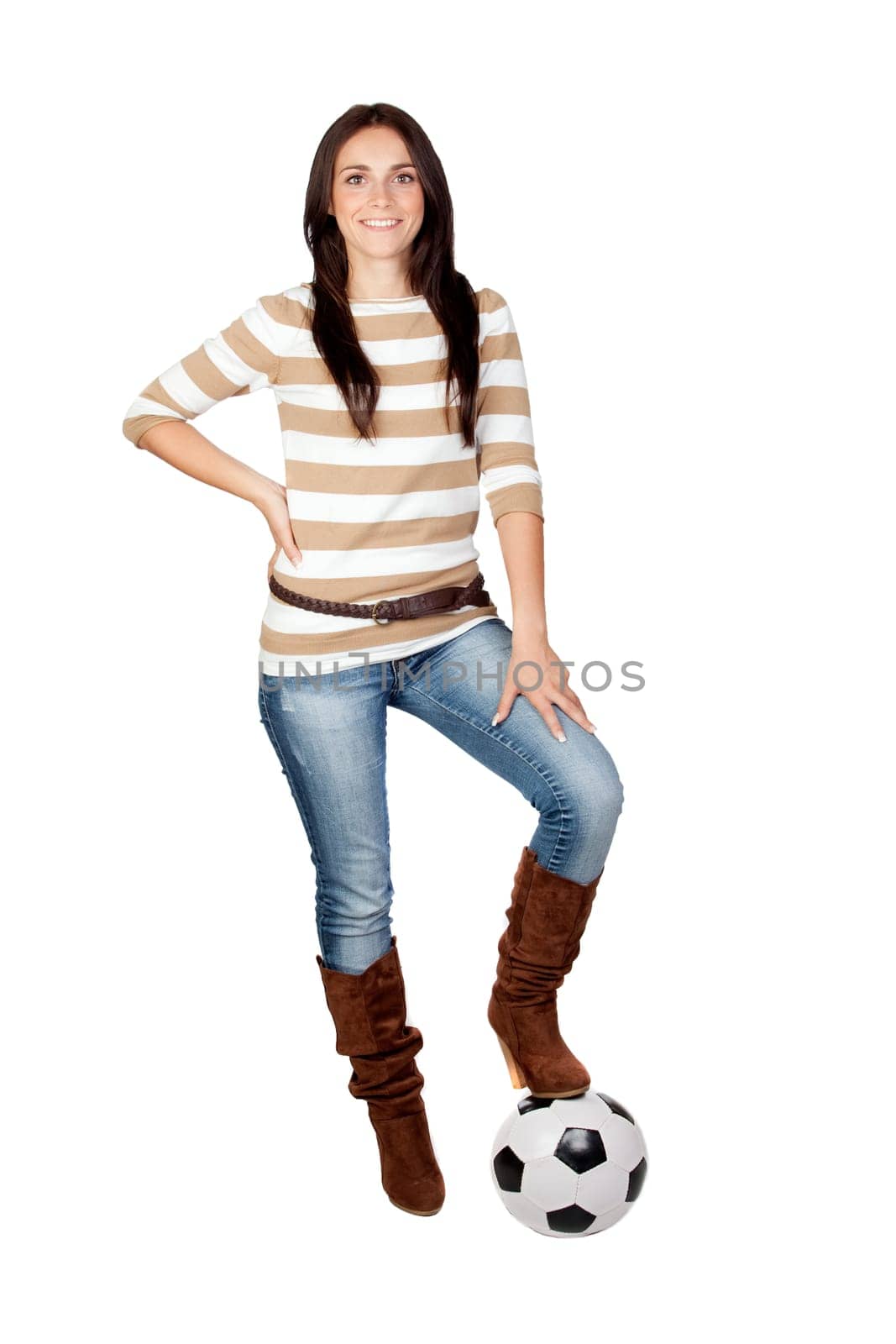 Beautiful brunette girl with soccer ball isolated on a over white background
