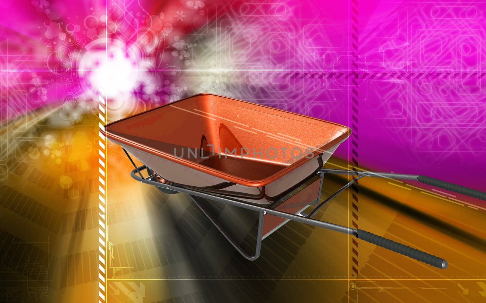 Digital illustration of metal tray wheel barrow in colour background