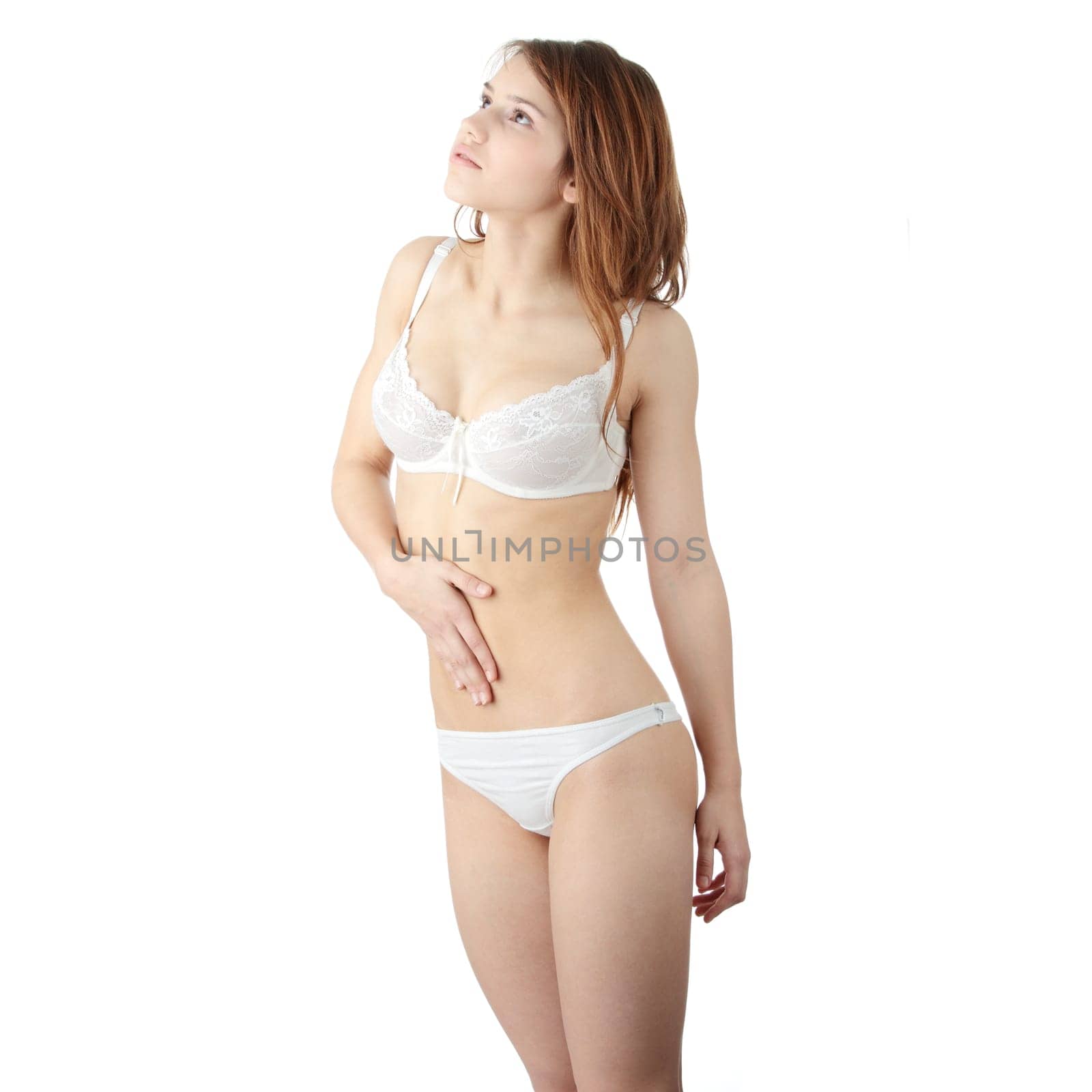 Hand on belly isolated on white background