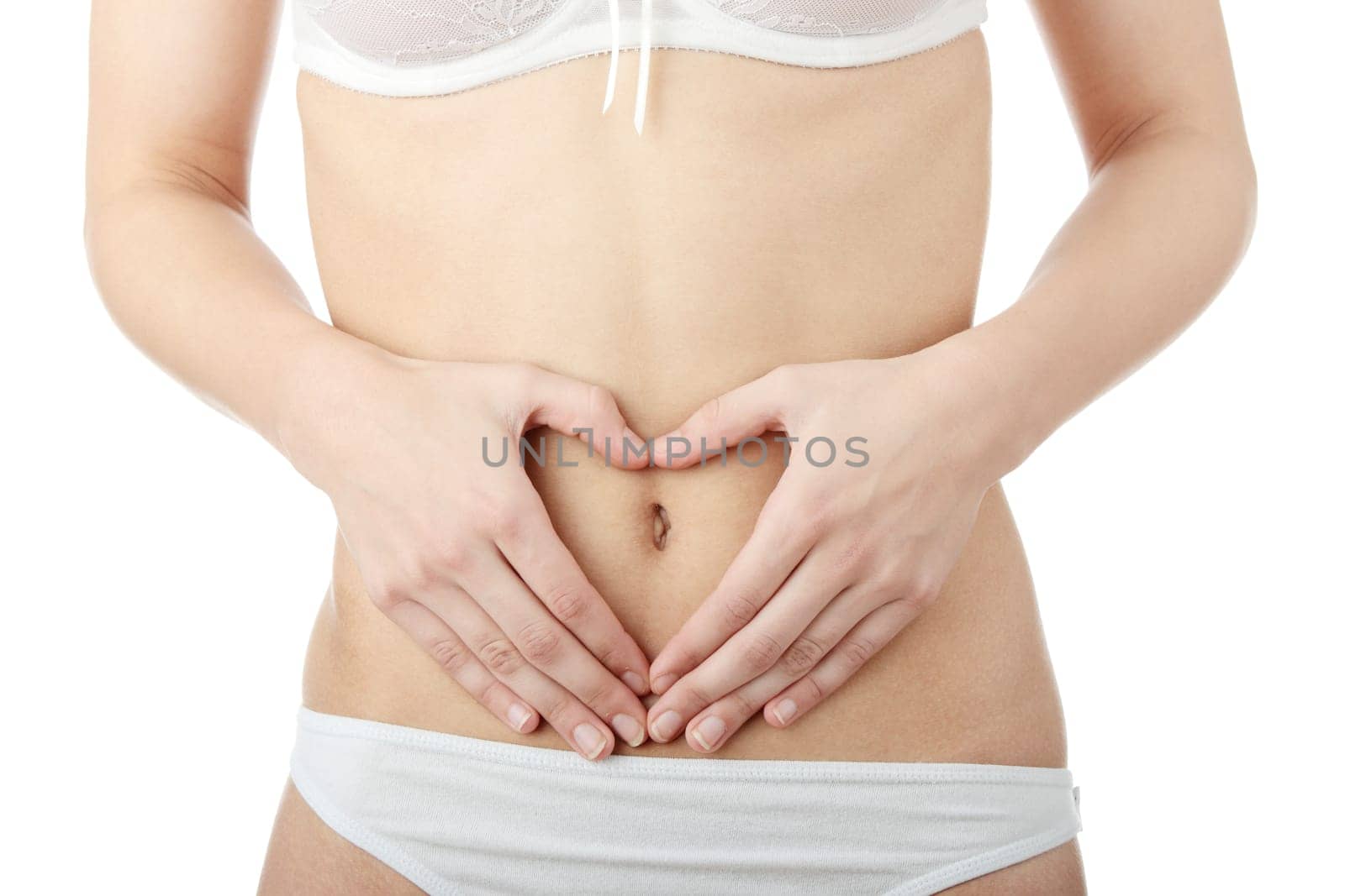 Hand on belly isolated on white background