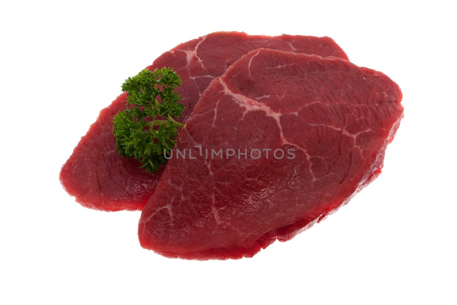 Beef,juicy raw rump steak against white background