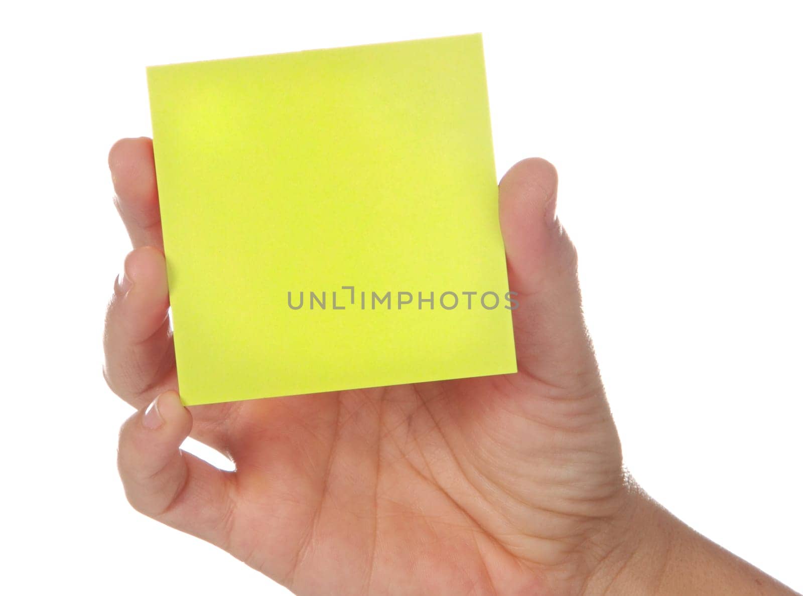 Post-It and hand a over white background