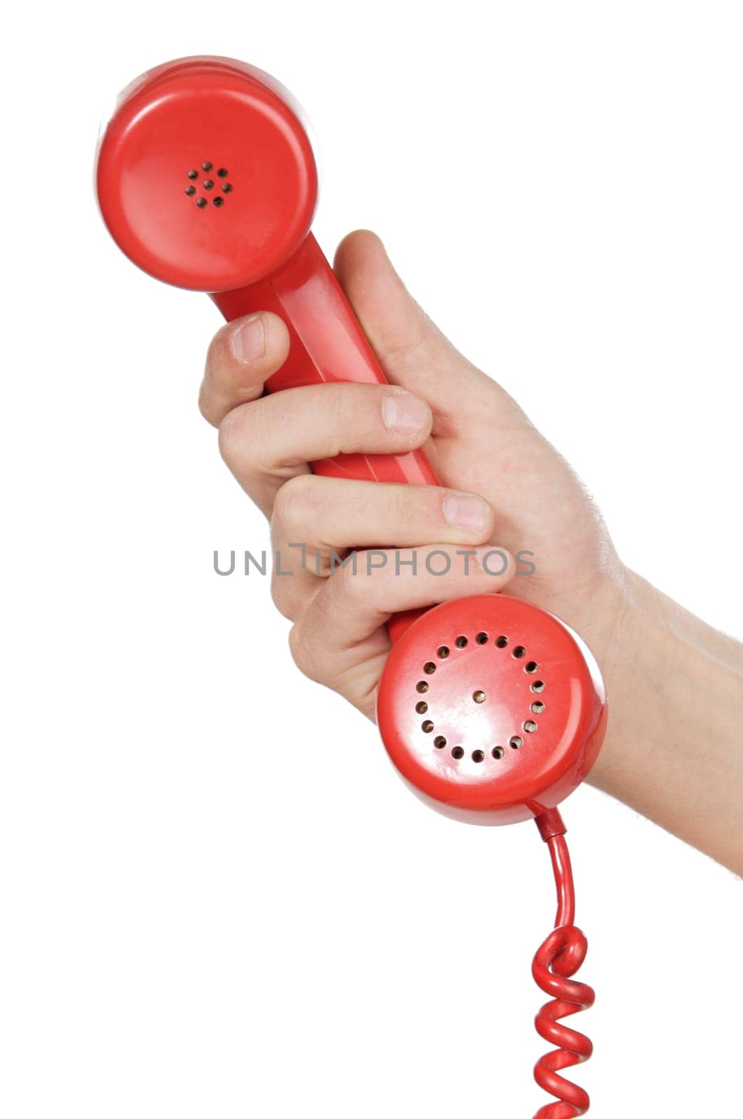 hand holding red telephone a over white background