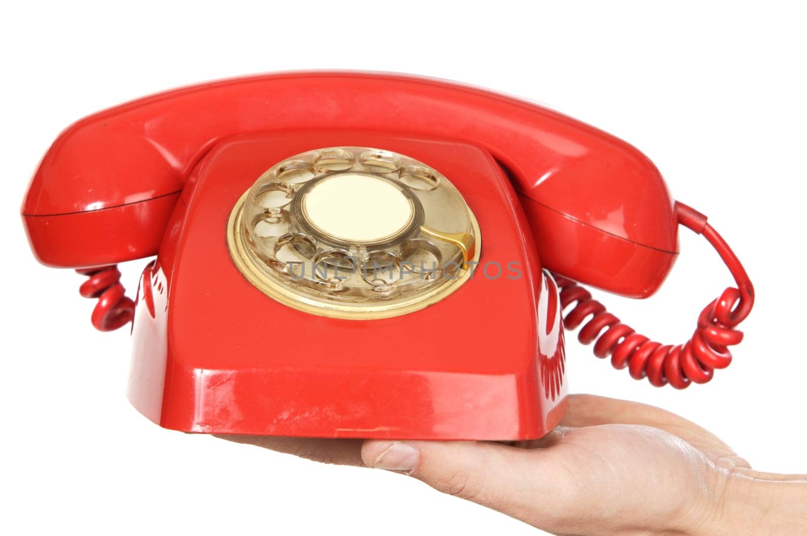 hand holding red telephone a over white background