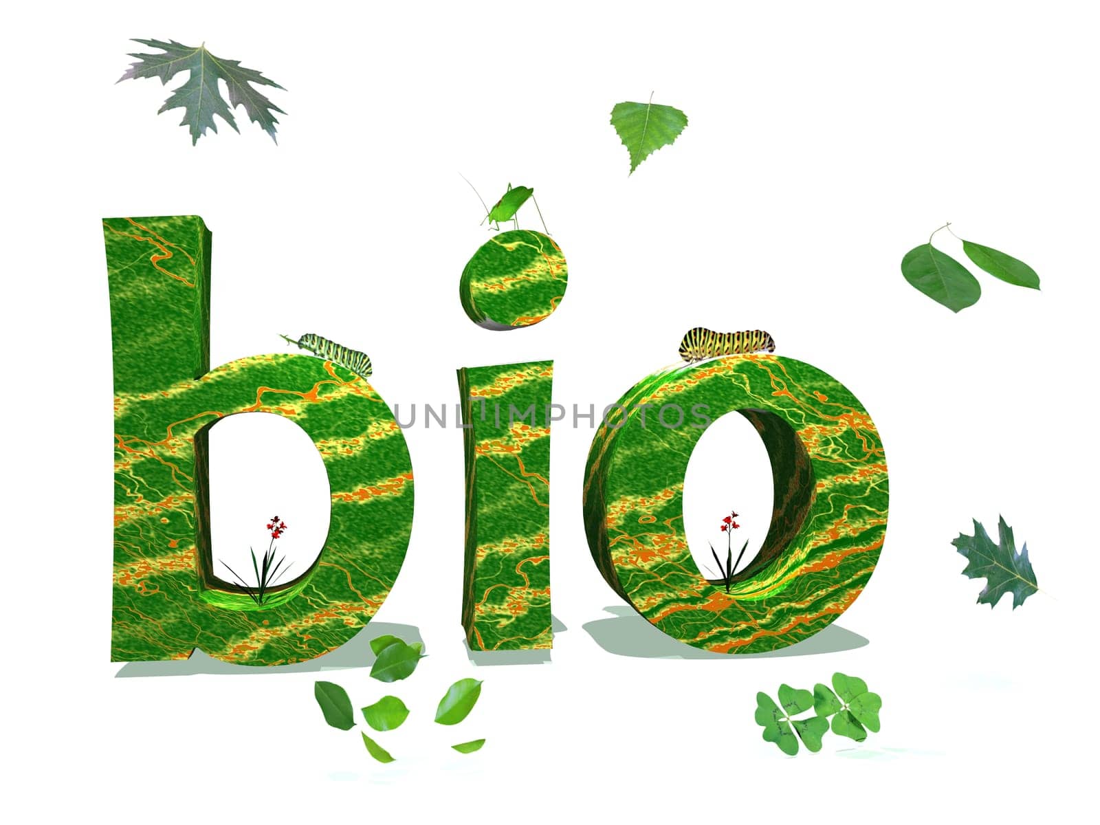 Bio letters in nature color surrounded by green leaves and insects in white background