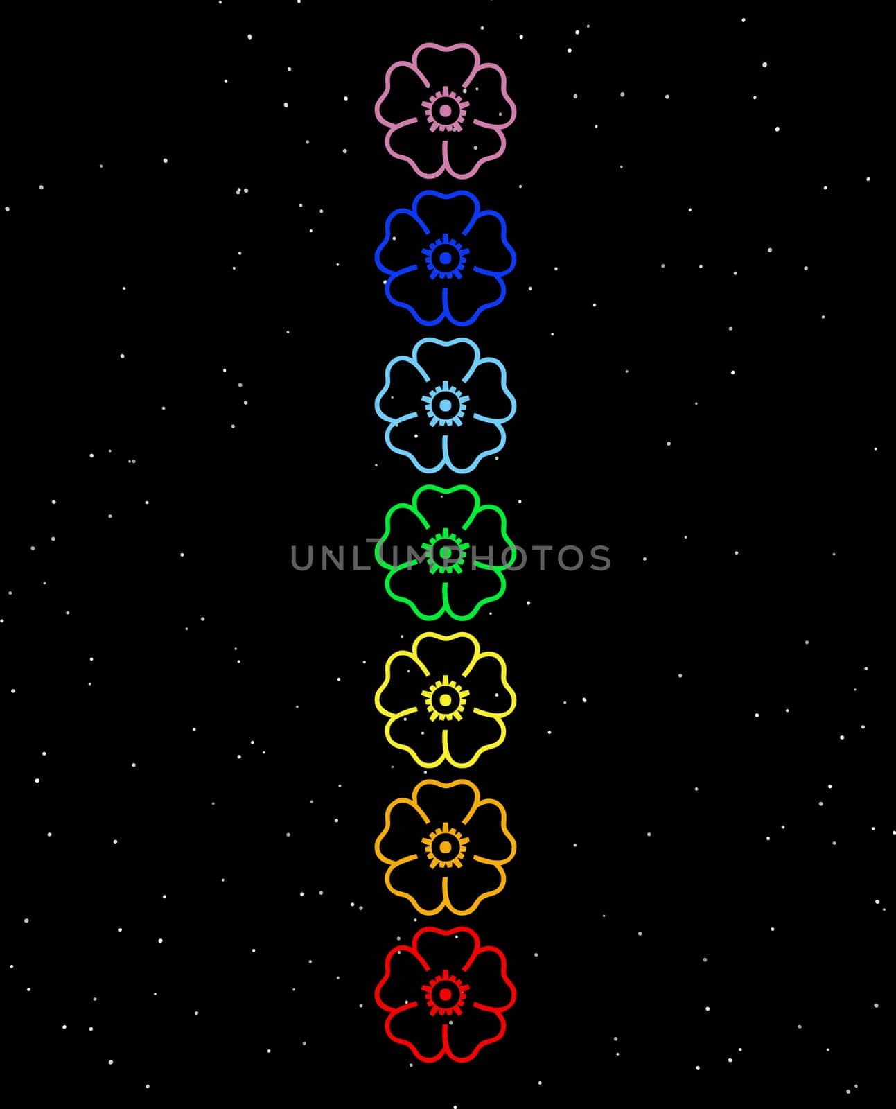 Colored flowers in chakra column by night