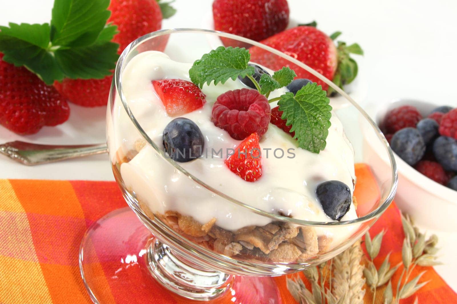 a bowl of fruit muesli with yoghurt and lemon balm