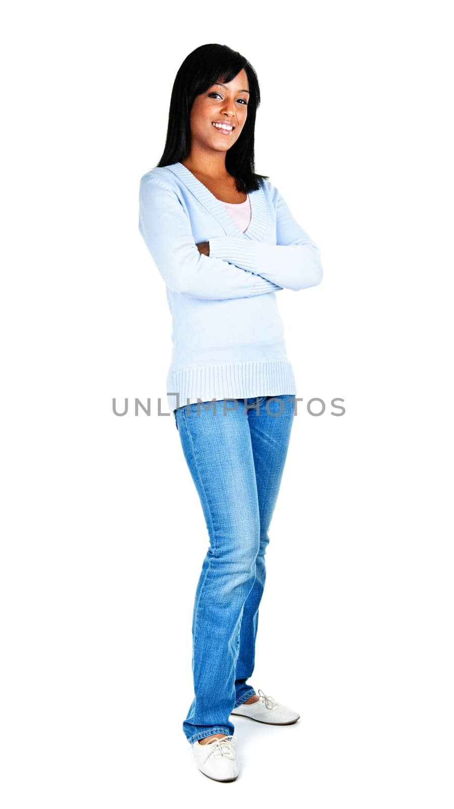 Confident black woman with arms crossed standing isolated on white background