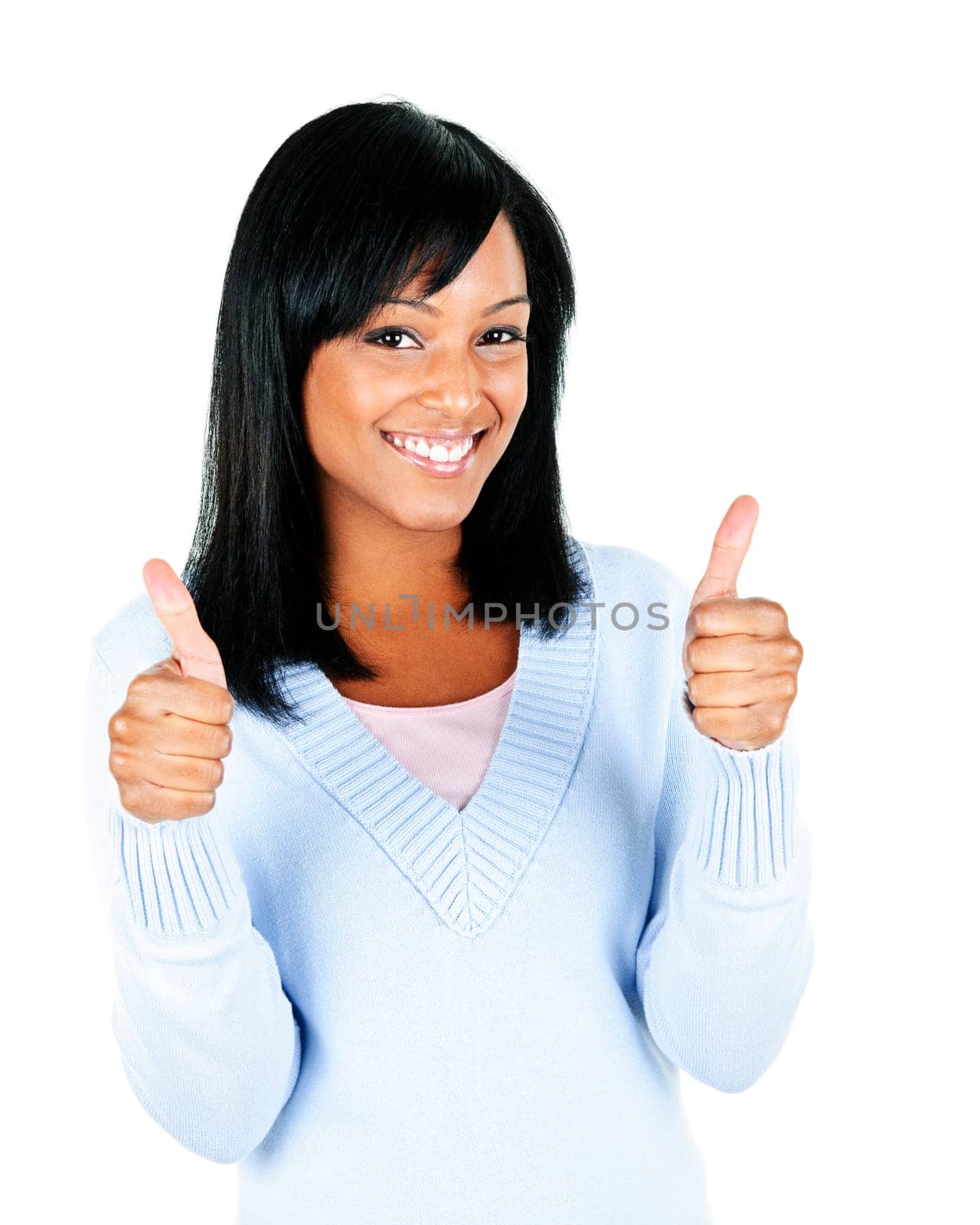 Smiling black woman giving thumbs up gesture isolated on white background