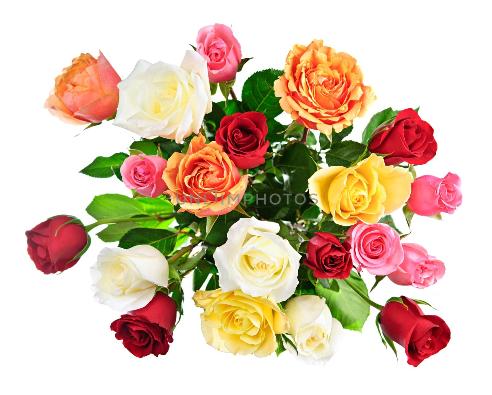 Bouquet of assorted multicolored roses from above isolated on white background