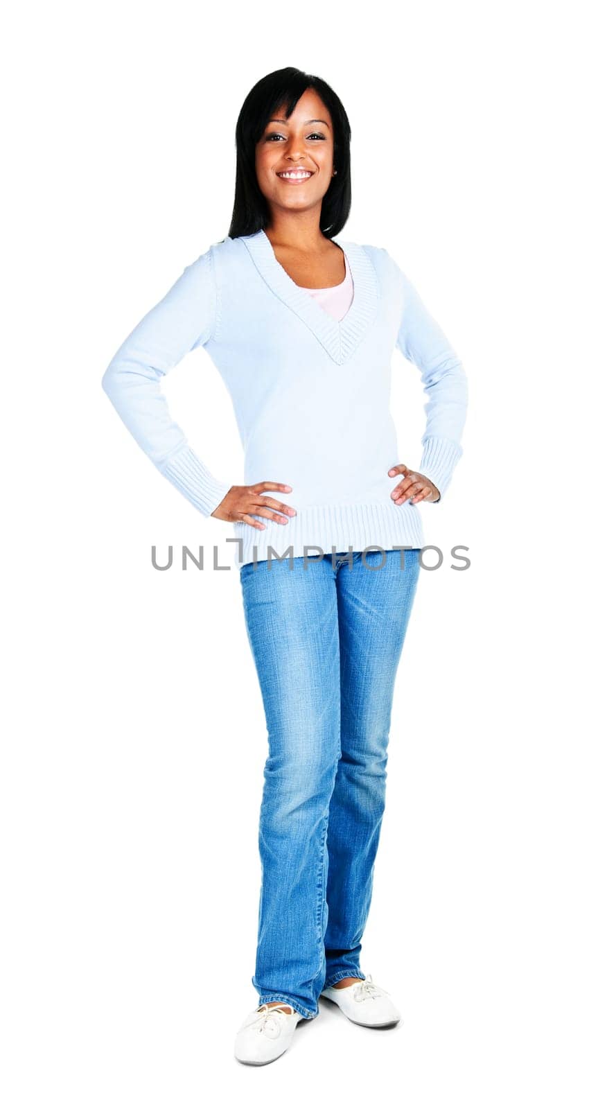 Confident black woman standing isolated on white background
