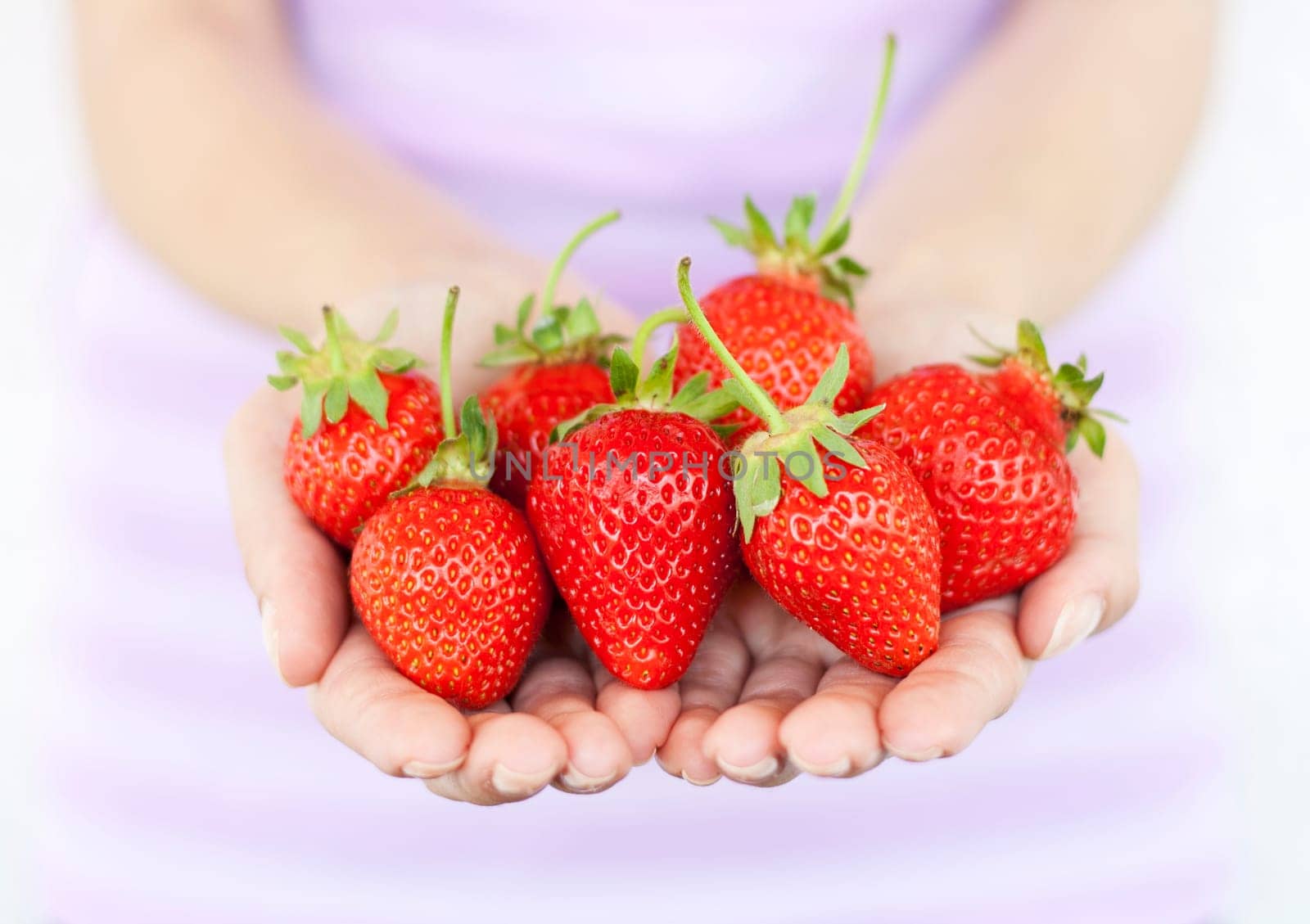Girl hold fresh strawberries. Shallow DOF, focus on strawberries.