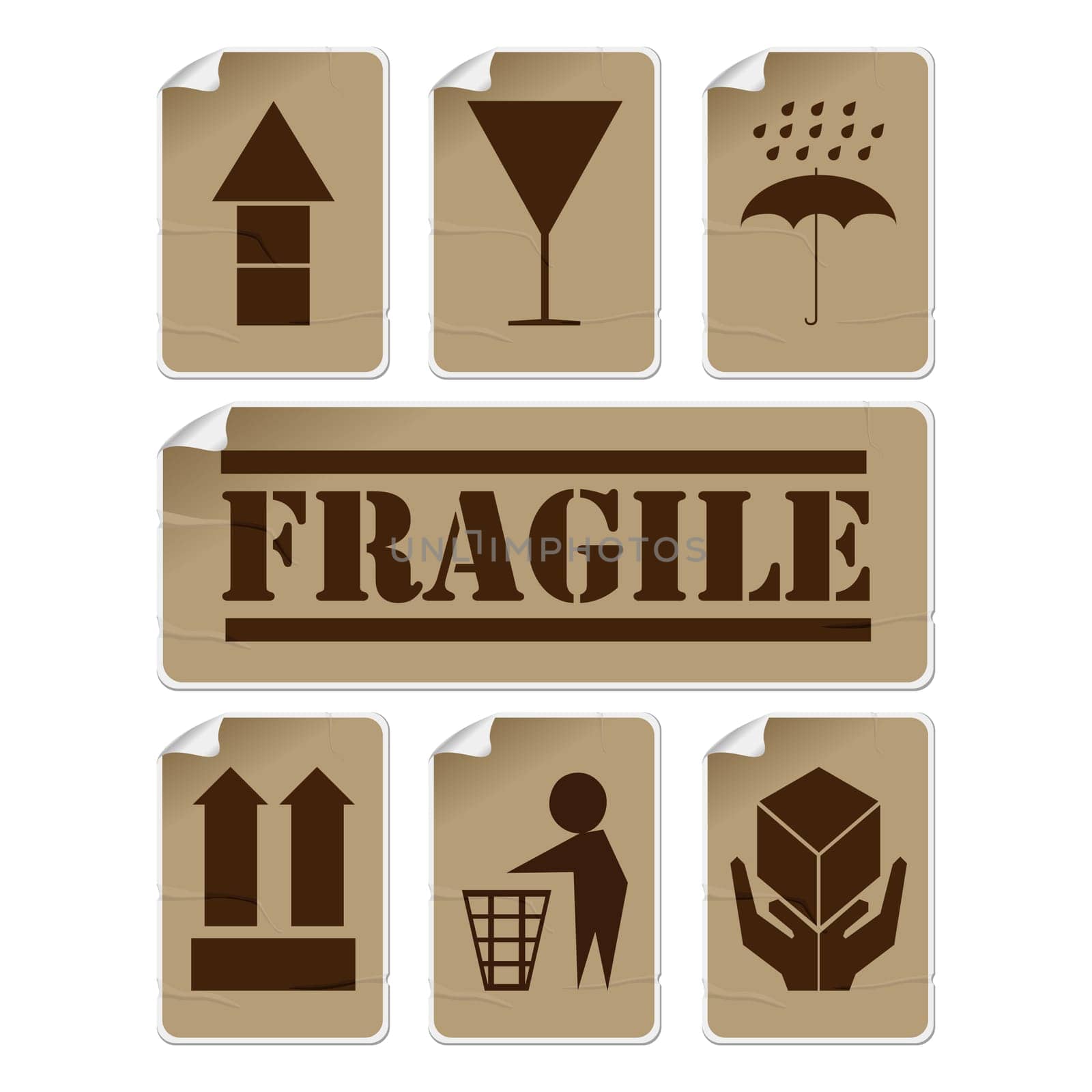Fragile and safety badly glued stickers, isolated and grouped objects against white background