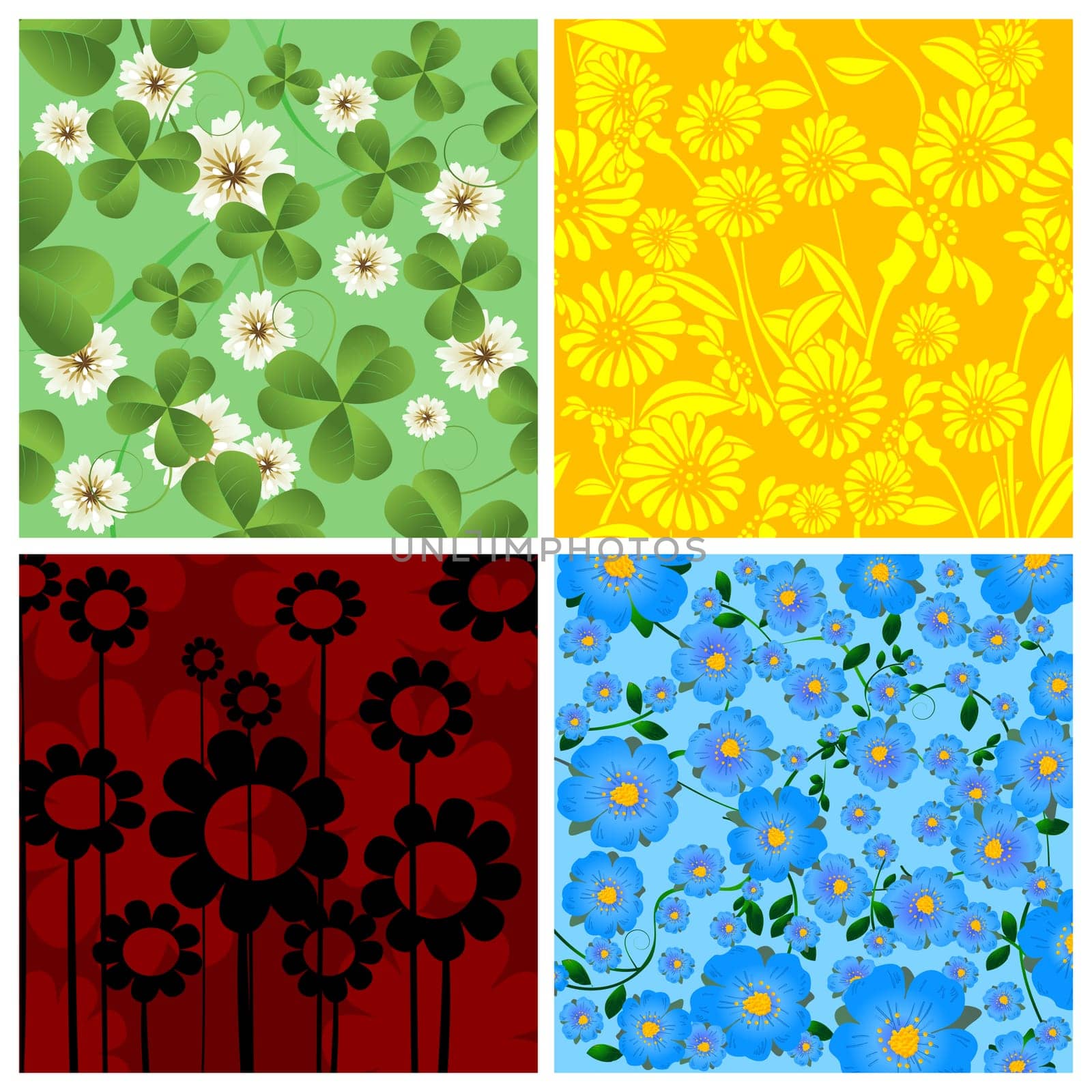Set of four floral background, isolated and grouped objects over white