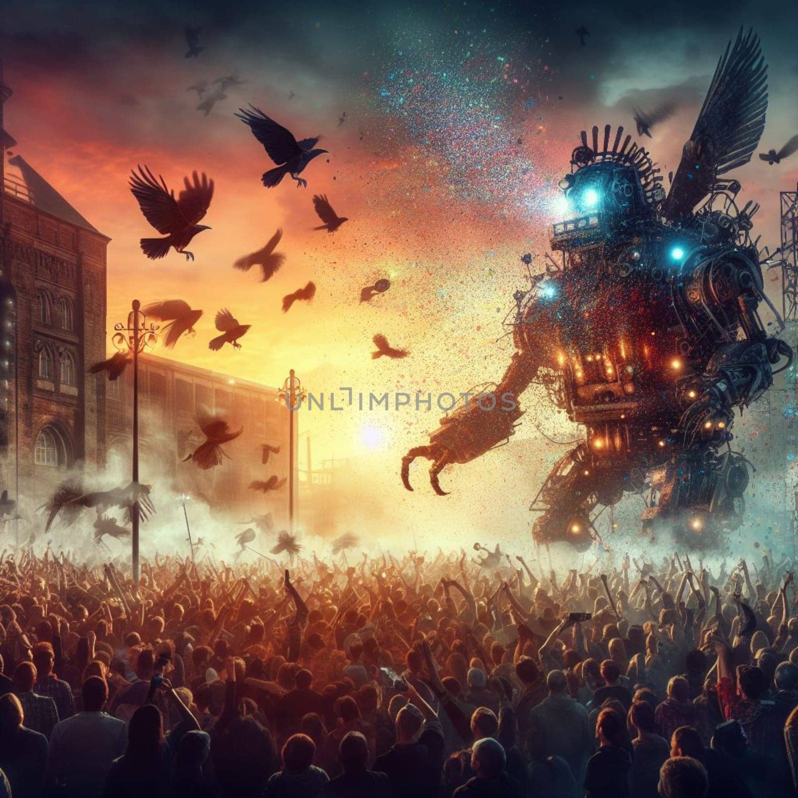 Evil robot monster spilling temptations propaganda orders to hypnotized mass crowd happy and sadgenerative ai art