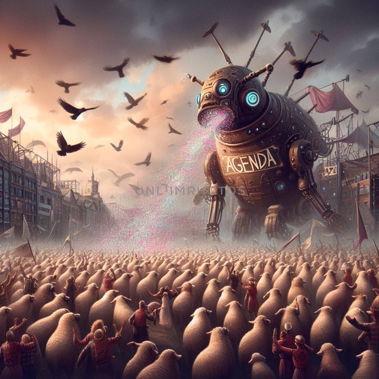 Evil robot monster spilling temptations propaganda orders to hypnotized mass crowd happy and sadgenerative ai art