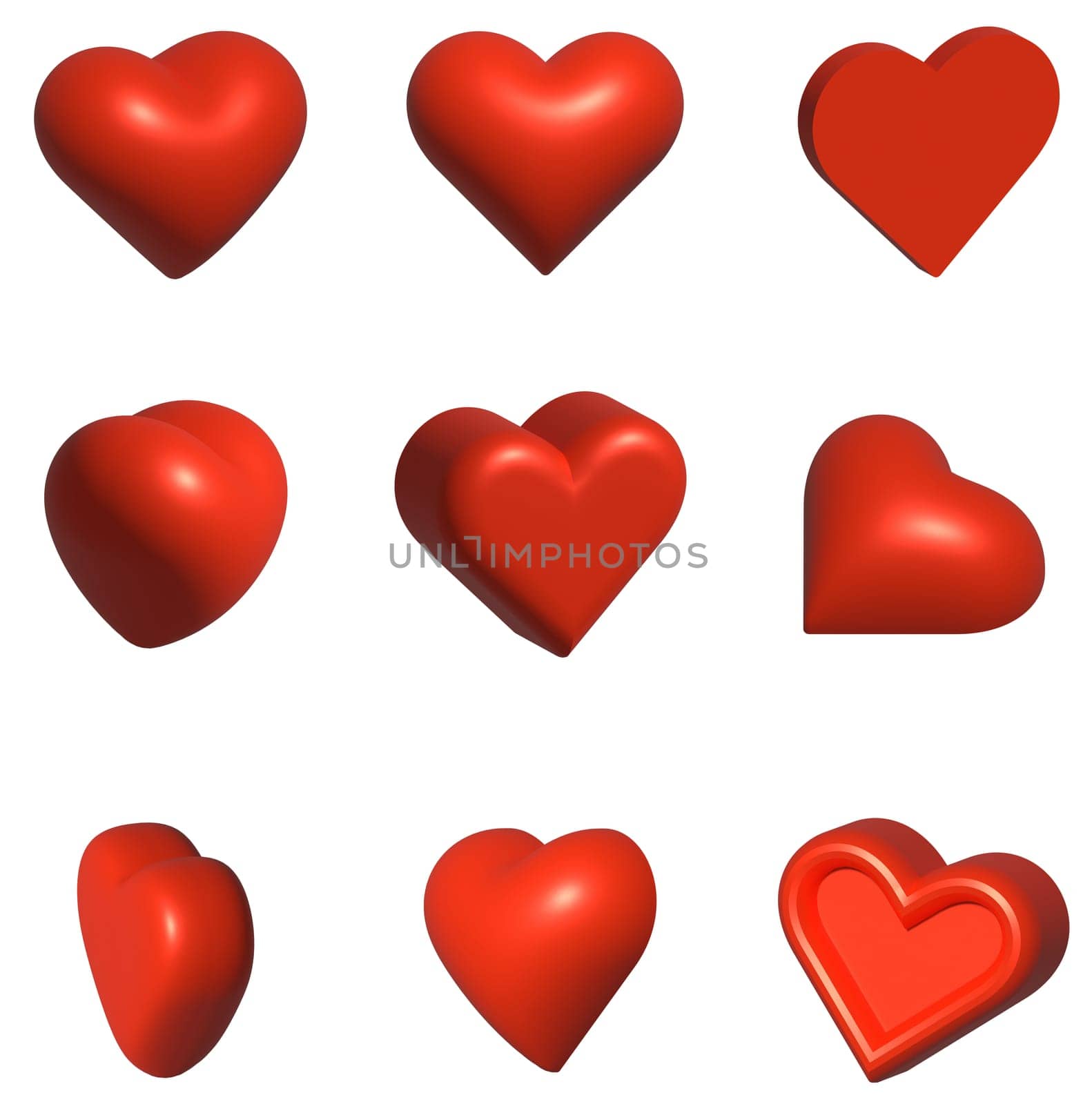 Volumetric red 3D hearts, set. 3D rendering illustration by ndanko