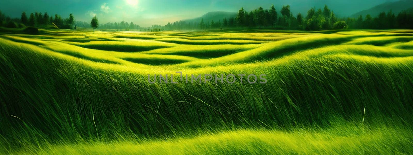 Green field, tree and blue sky.Great as a background,web banner. Generative AI