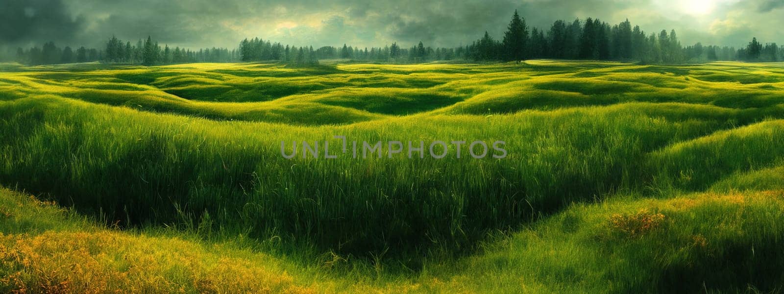 Green field, tree and blue sky.Great as a background,web banner. Generative AI. by Benzoix