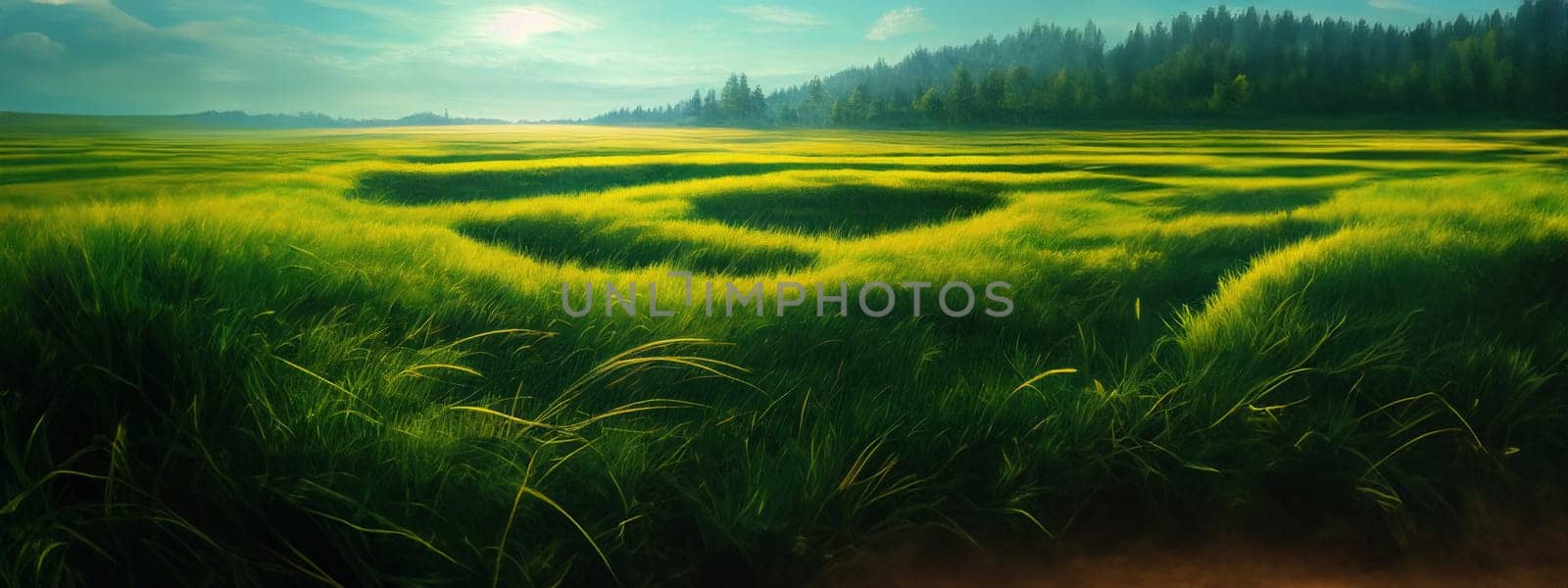 Green field, tree and blue sky.Great as a background,web banner. Generative AI. by Benzoix