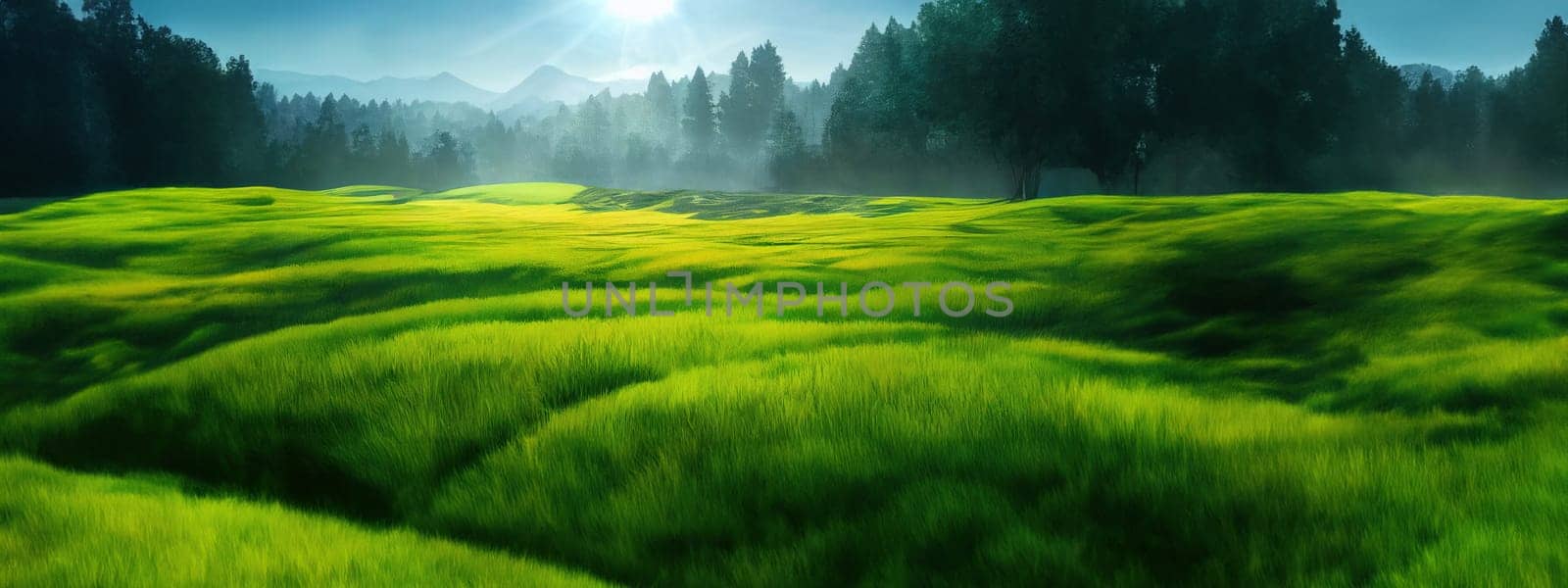 Green field, tree and blue sky.Great as a background,web banner. Generative AI. by Benzoix