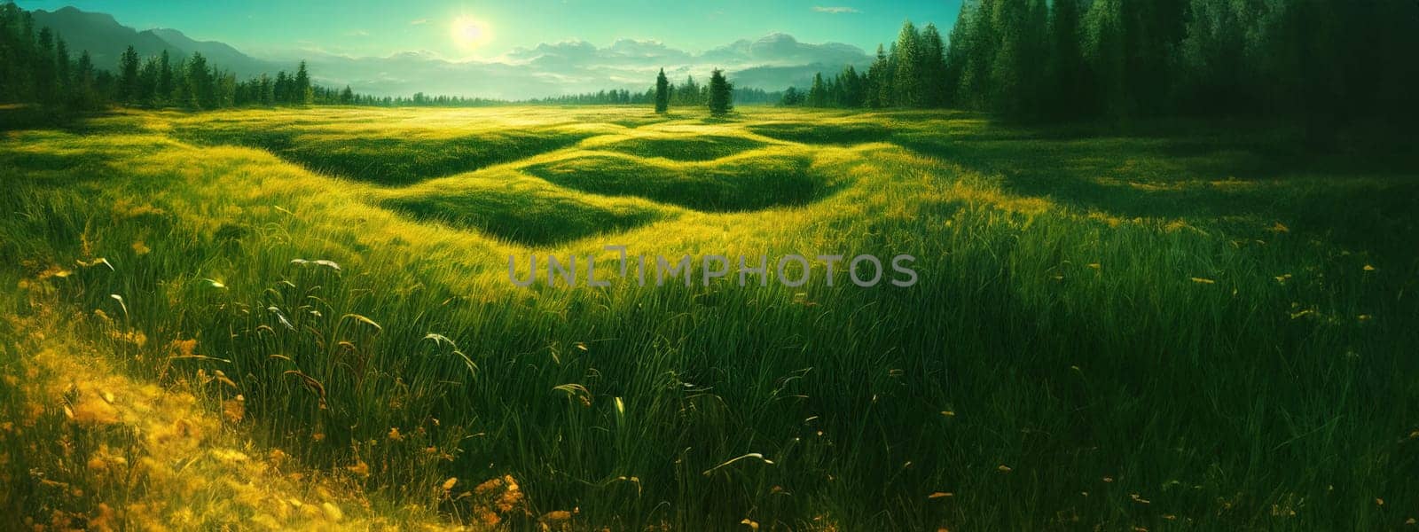 Green field, tree and blue sky.Great as a background,web banner. Generative AI